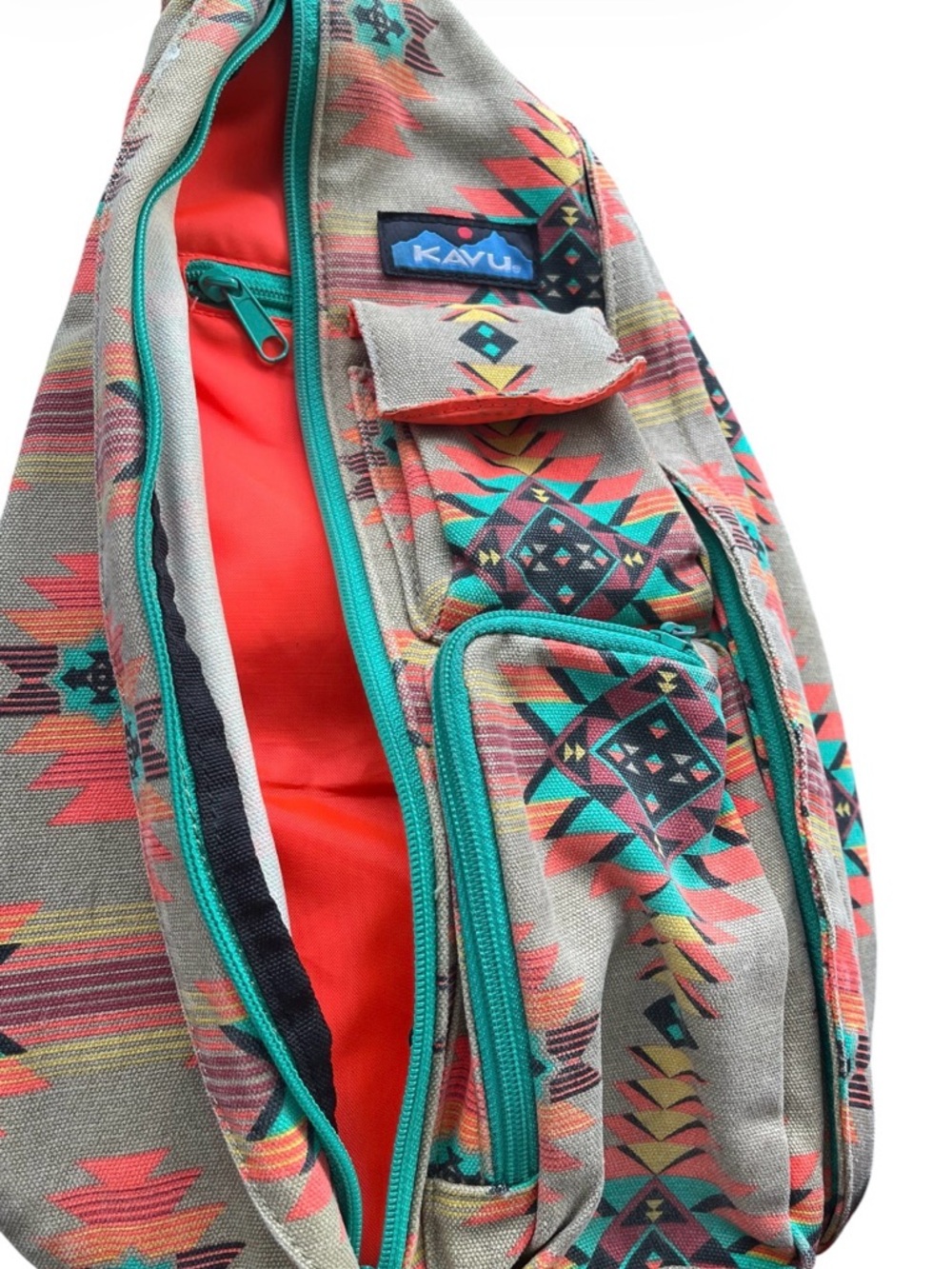 Kavu Beige Sling Pack with Teal & Coral Aztec Print Crossbody - Picture 2 of 6